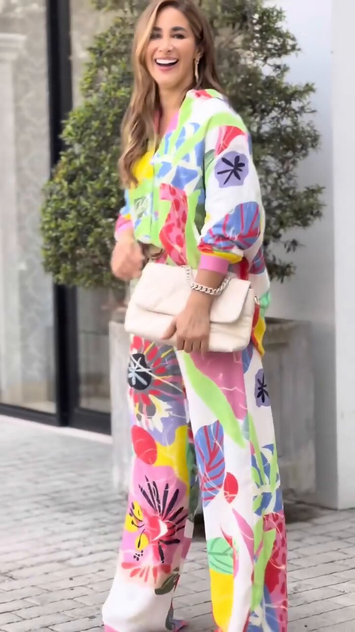 Polyester Fabric Type Pant Co-ord Set Sets Type Daily Women'S Casual Plant Flower Polyester Printing Pant Co-ord Set Pants Sets
