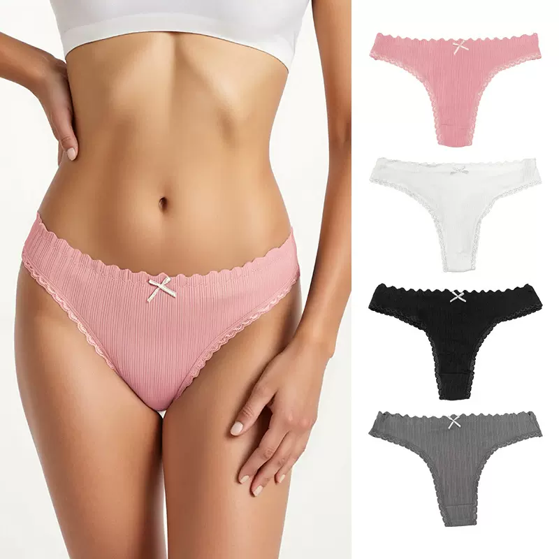 2025跨境新款Panties蝴蝶结纯色棉底裆中腰蕾丝边少女女士三角裤