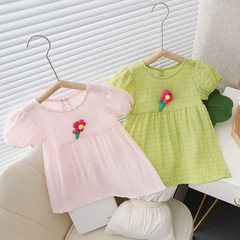 女童裝夏裝2023新款小女孩甜美短袖連衣裙泡泡袖輕薄中小童裙子潮