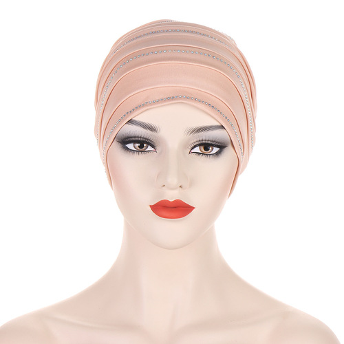 Alibaba.com Cross-border New Multicolor Pleated Beanie Air Layer Multi-layer Tube Hat Embellished with Gems