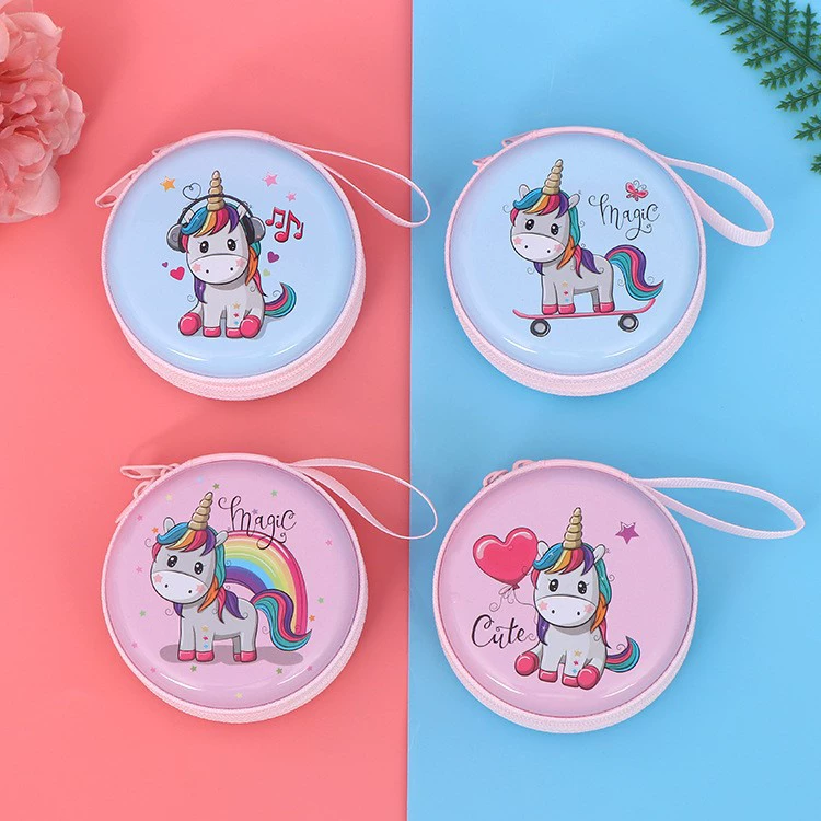 Round tinplate coin purse, zipper with chain, cartoon print, compact 7×7×3 cm