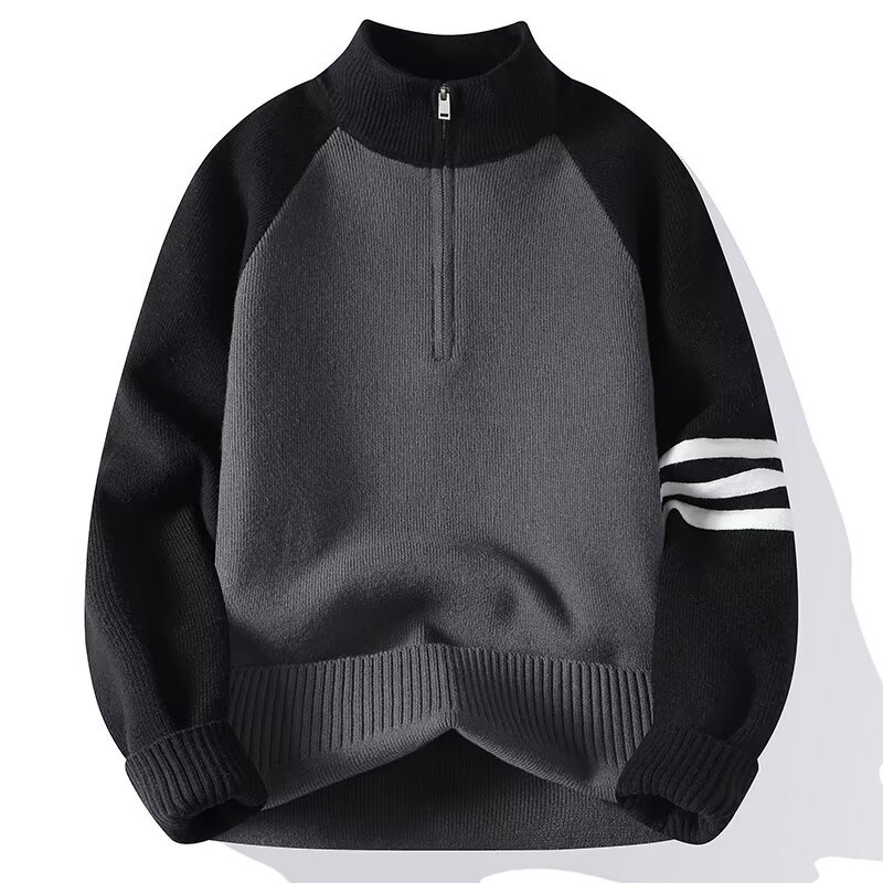 Semia cremallera tres barras a rayas camiseta de punto suéter hombre cuello perezoso alto otoño invierno suéter fábrica transfronteriza al por mayor image 8