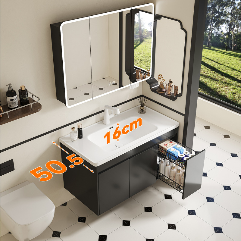 65/75/85/95 cm long, 50 cm wide, 16 cm deep honeycomb aluminum bathroom cabinet with pull-out basket, black all-aluminum washbasin combination