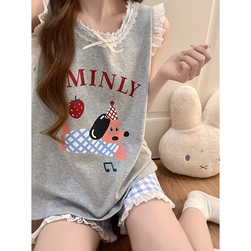 Pajamas for Women Summer Sleeveless Vest Shorts Loose Slimming Cartoon Ins Korean Style Sweet Casual Home Pajama Set Pajamas for Women Summer Sleeveless Vest Shorts Loose Slimming Cartoon Ins Korean Style Sweet Casual Home Pajama Set
