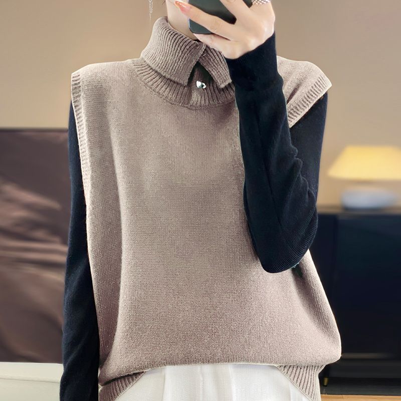 Nuevo chaleco de cuello alto de otoño y invierno chaleco de punto de moda de color sólido con hombros suéteres sueltos sin mangas
