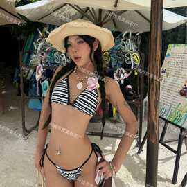新款ins美式辣妹条纹控bikini高腰泳衣女小胸沙滩度假性感比基尼