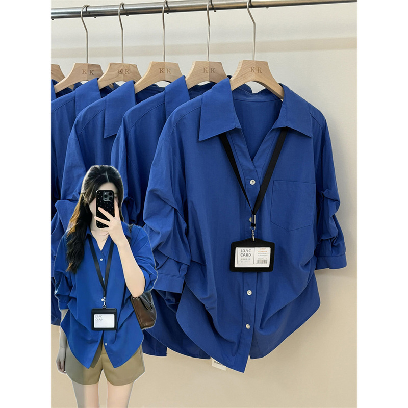 Korean Chic Klein Blue Polo Collar Short-Sleeve Shirt for Women, Summer Ruched Waist, High-End Sun Protection Top
