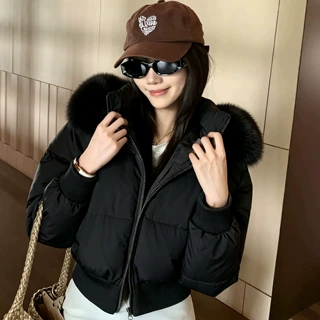 欧美大毛领连帽短款棉服女2026冬季新款加厚保暖棉衣小个子外套潮