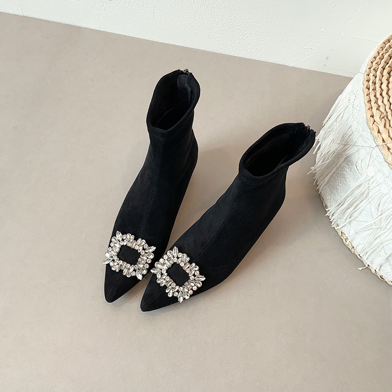 2025 Autumn and Winter Boots New Style Martin Boots Trendy Pointed Toe Rhinestone Square Buckle Fashion Short Boots Elastic Slim Boots Light Luxury