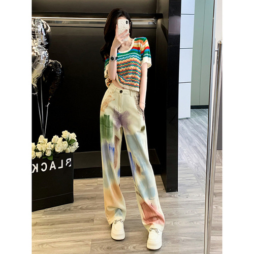 High Street Personality Colorful Graffiti High-Waist Denim Pants for Women Summer Crew Neck Striped Short-Sleeve Commute Fashion Outfit Set
