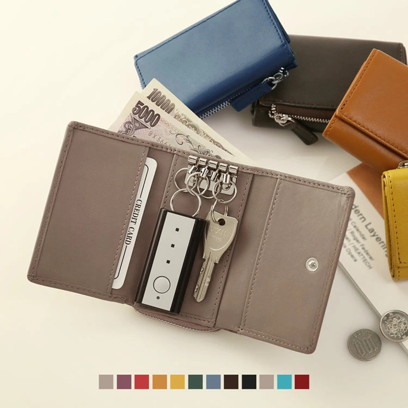 New Japanese-Style Top-Layer Plain Leather Key Pouch Multifunctional Men's Snap Wallet Coin Storage Zipper Coin Purse