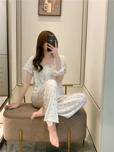 睡衣女夏针织坑条提花棉碎花小清新宫廷公主短袖套装家居服送发带