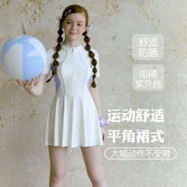 新款中大童泳衣女初中生女孩保守裙式连体游泳衣带胸垫青少年泳装