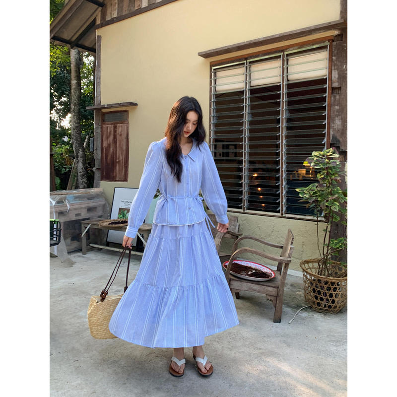 Fine Plaid Lapel Shirt A-Line Skirt Suit for Women, New Style Fresh Top and Long Skirt Two-Piece Set Fine Plaid Lapel Shirt A-Line Skirt Suit for Women, New Style Fresh Top and Long Skirt Two-Piece Set