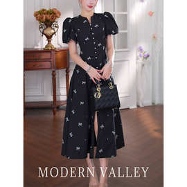 黑色复古重工刺锈连衣裙女夏季长裙设计感小众御姐风高端礼服裙子