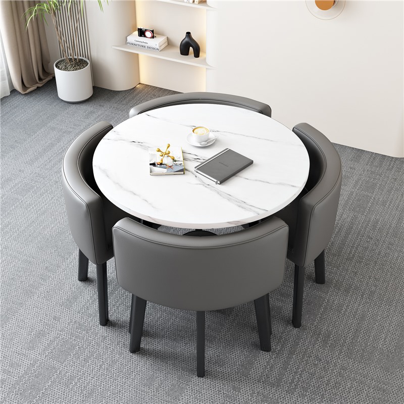 [Factory] 80 imitation white stone pattern round table gray leather chair
