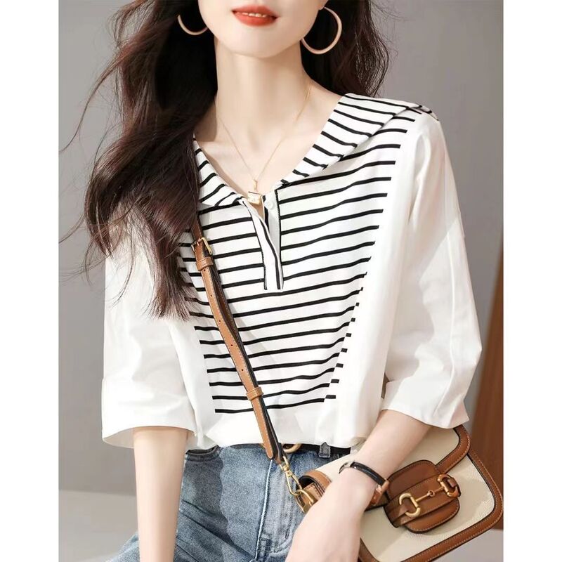Striped Patchwork Fashion Age-Reducing Navy Collar Shirt for Women Summer 2025 New Plus-Size Short-Sleeve T-Shirt Women's Top Striped Patchwork Fashion Age-Reducing Navy Collar Shirt for Women Summer 2025 New Plus-Size Short-Sleeve T-Shirt Women's Top