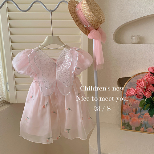 2024 new summer girls' sweet three-dimensional sequin wings embroidered flower puff sleeve short-sleeved princess dress