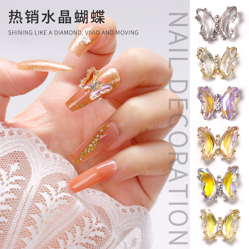 Red famosa nueva mariposa perforación joyas de manicura aleación tridimensional mariposa cristal permeación de hielo insins viento cristal mariposa perforación
