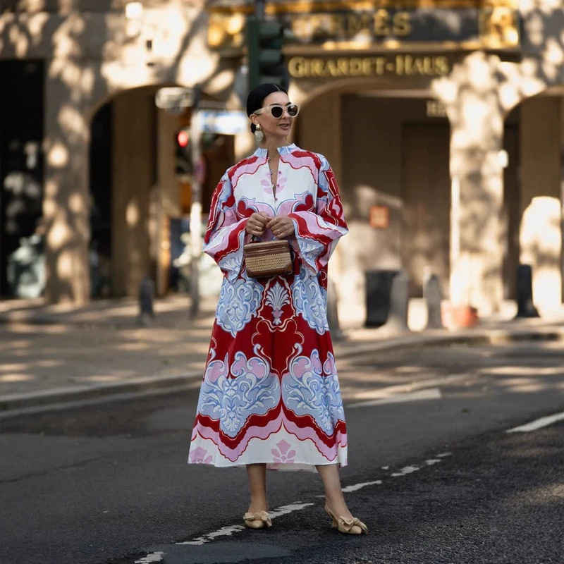 2026 European and American cross-border Amazon independent site spring/summer personalized linen trendy printed loose plus-size dress