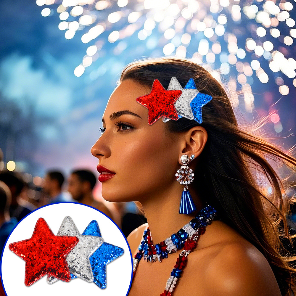 Día de la Independencia de los Estados Unidos pinzas de cabello de pentacos para adultos niños fiesta decoración de estrellas bordes pinzas rojo, plateado, azul sequillas pinzas de boca de pato