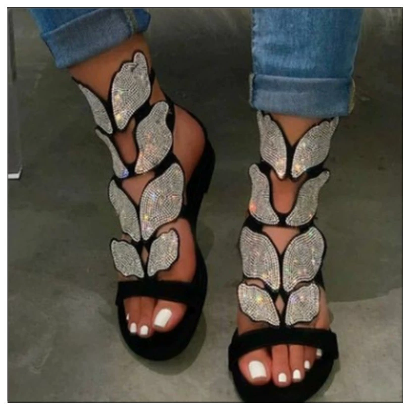 Сандалии больших размеров женские 2023 новые летние пожелания Amazon трансграничные плоские сандалии со стразами с бабочками женские