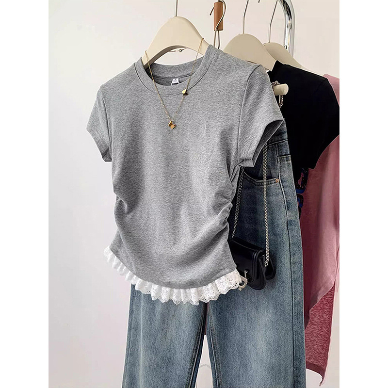 Gray Lace Trim Solid Color Short-Sleeve T-Shirt for Women, Summer 2026, Petite Short Style, Pure Desire Style Top, Ins Gray Lace Trim Solid Color Short-Sleeve T-Shirt for Women, Summer 2026, Petite Short Style, Pure Desire Style Top, Ins