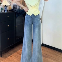 时尚韩版喇叭裤2025秋冬装不贴腿百搭蕾丝宽版网红阔腿裤牛仔裤女