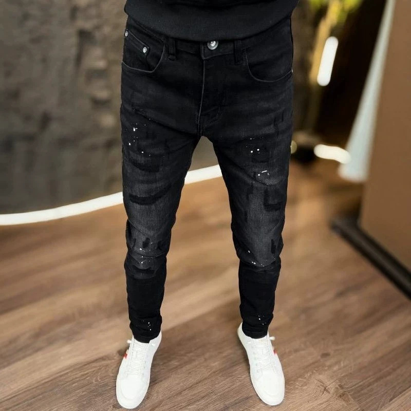 Black ripped jeans for men, trendy brand, 2026 new European style, unique splatter-paint fashion, stretchy slim-fit skinny pants Black ripped jeans for men, trendy brand, 2026 new European style, unique splatter-paint fashion, stretchy slim-fit skinny pants