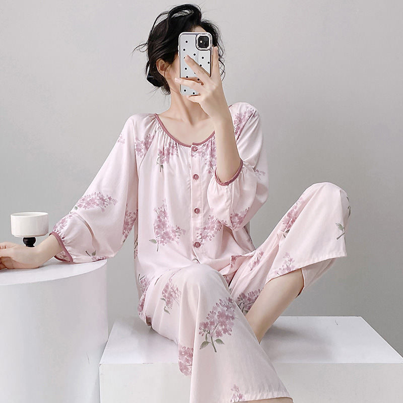 Summer Long Sleeve Cotton Silk Pajamas Women's Thin Cardigan suit Artificial Cotton Spring and Autumn Outer Wear Loose Mom's Home Clothes