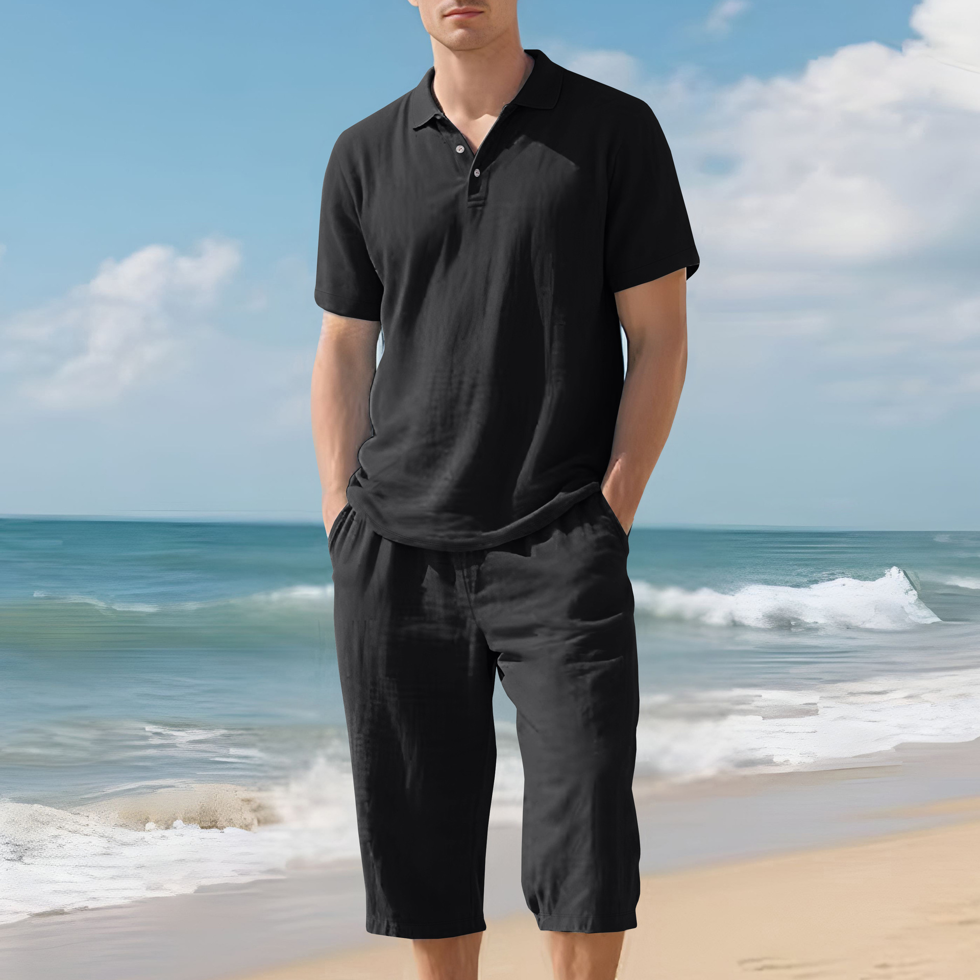 Transfronterizo Amazon Europa y América verano hombres sueltos casual lino transpirable camisa POLO traje de pantalón corto con mangas de playa