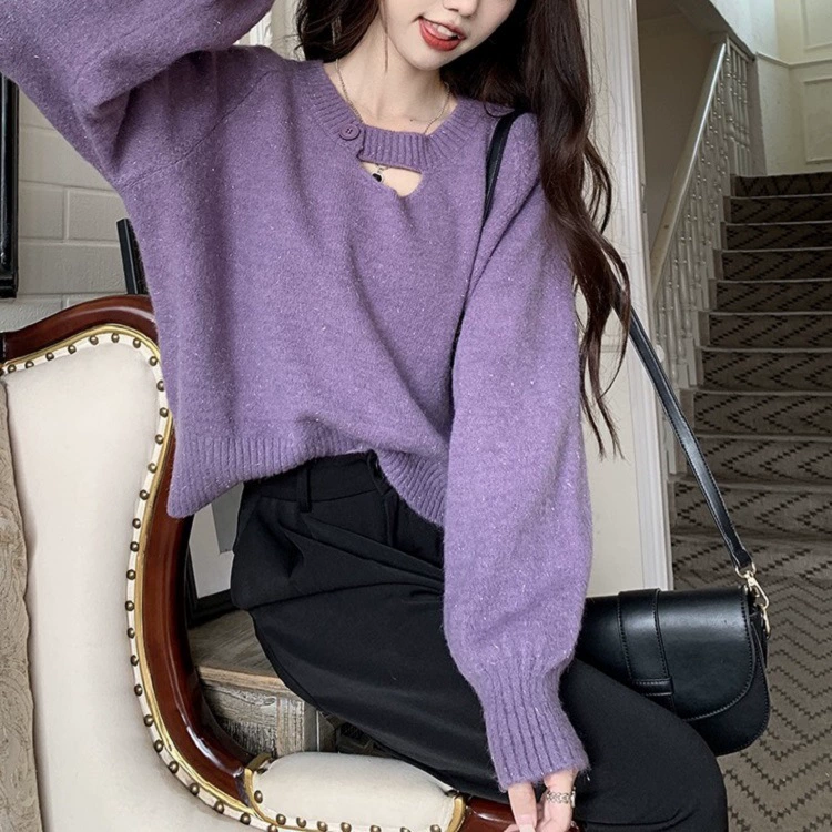 Весенний и осенний новый женский темперамент V-образный вырез сплошной цвет