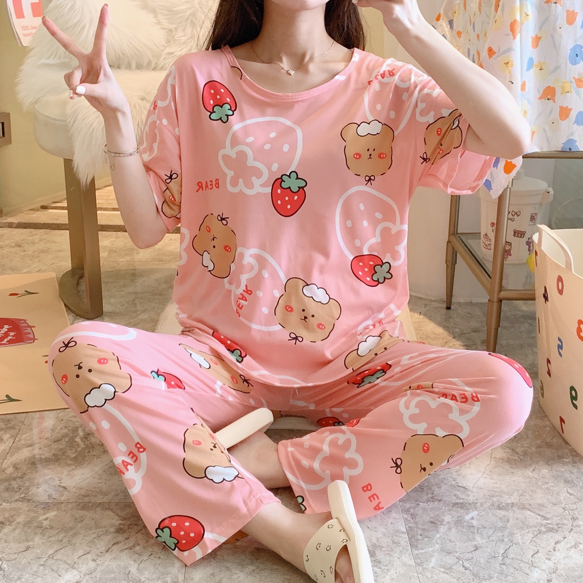 简约休闲睡衣女网红卡通夏季短袖长裤2025年新款韩版家居服套装薄