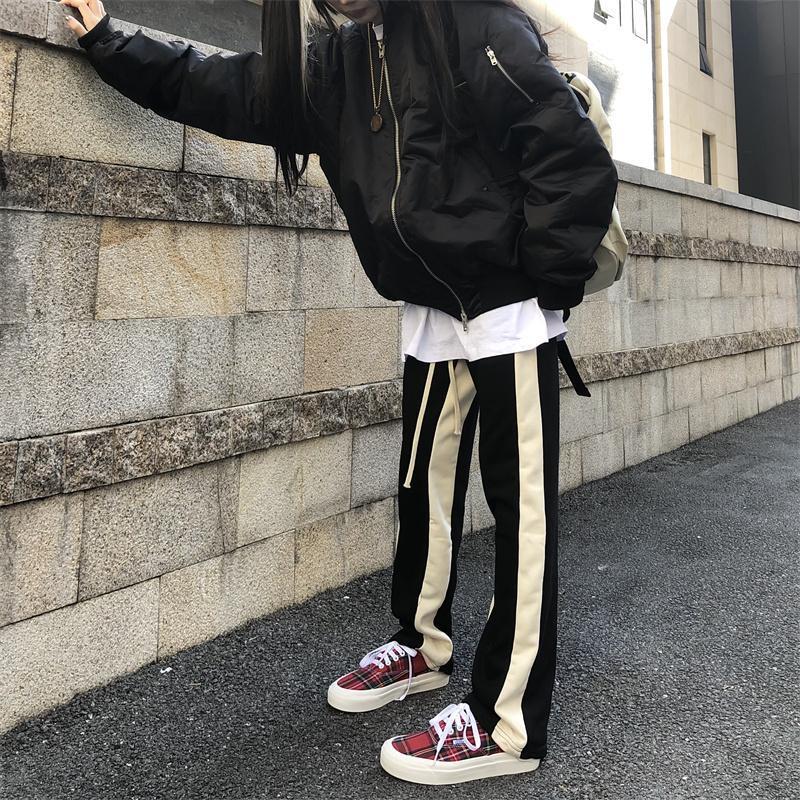White bar striped original straight-leg loose high street couple trousers design sense color-blocked sweatpants men's and women's slacks_voghion.com