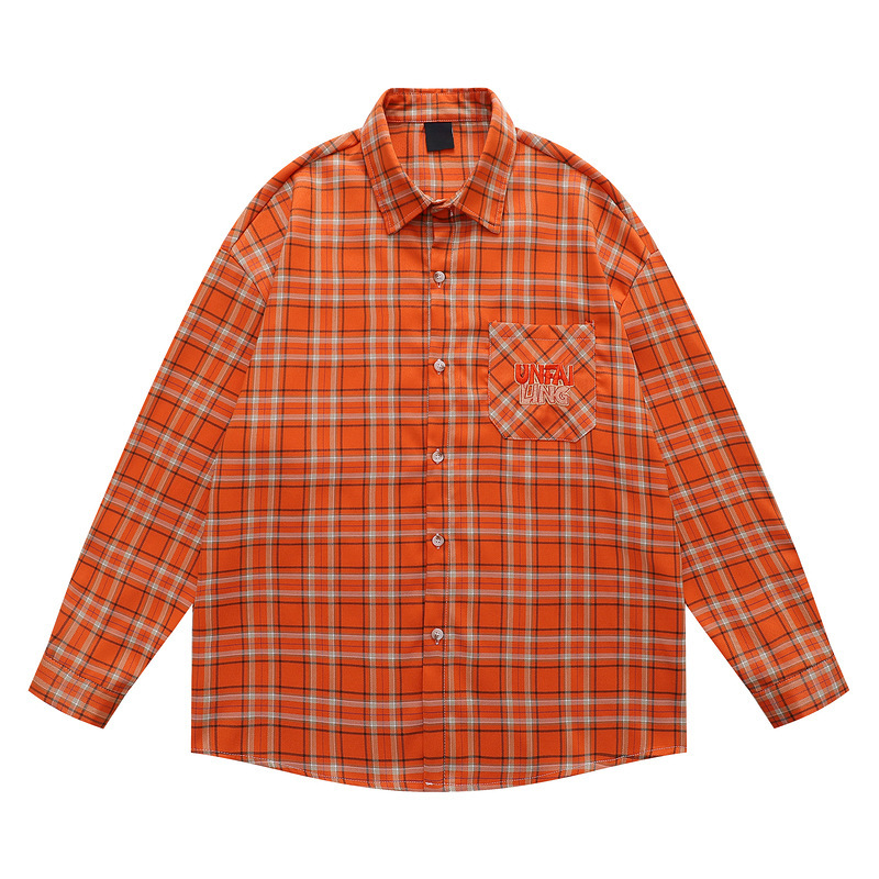 American Orange Plaid Long-Sleeved Shirts for Men and Women in Autum Loose Dopamine Couple Shirts Personalized Casual Jackets