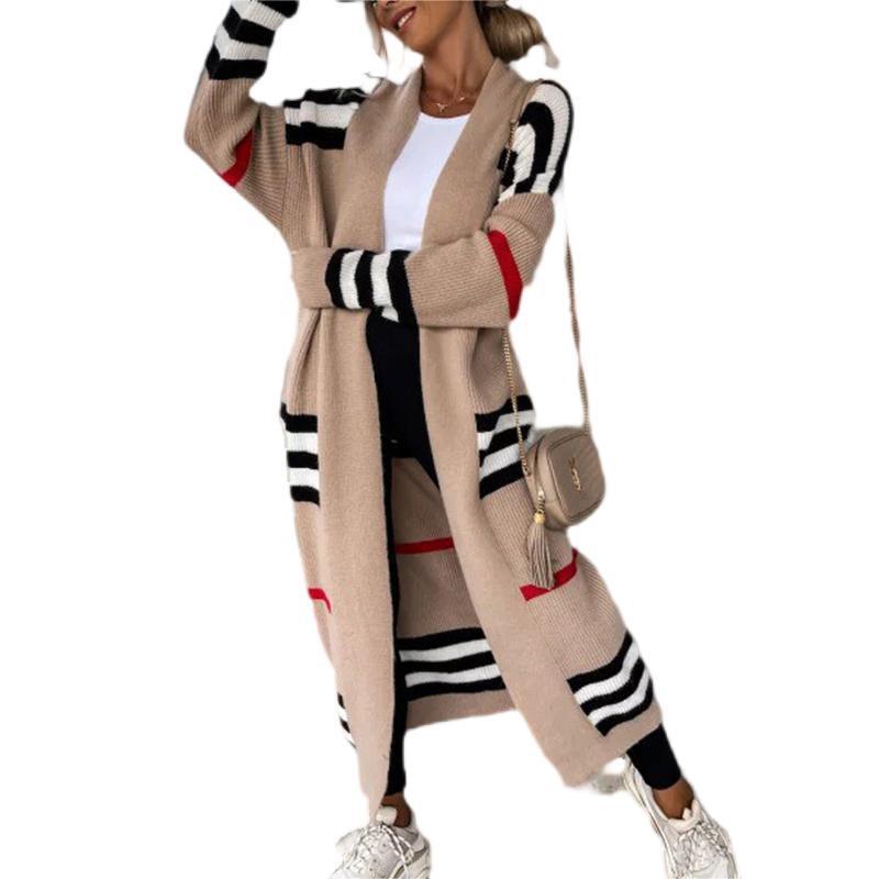 2025 European and American Long Cross-Border Stripesd Knitwear Cardigan Large Version Loose Long-Sleeved Amazon Knitwear Jacket for Women