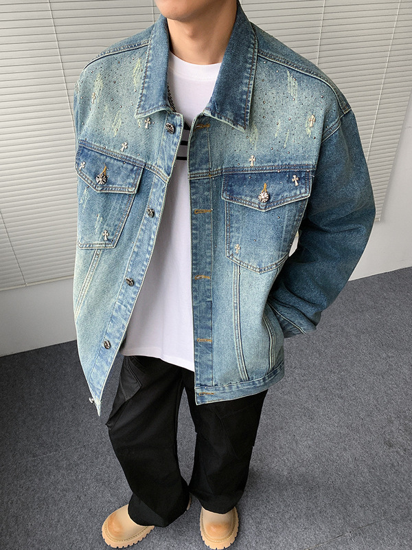 新款男装休闲夹克春秋季 外贸潮流高街十字架烫钻宽松牛仔外套男|undefined