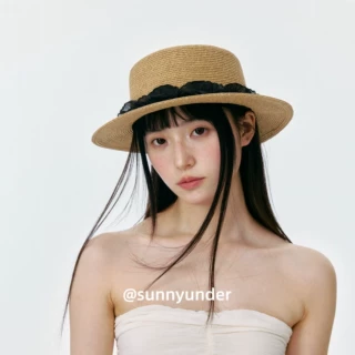时髦蕾丝花边装饰平顶帽子女夏户外透气防晒遮阳草帽度假平沿礼帽