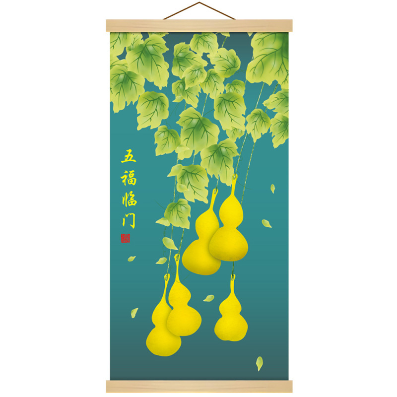 M 05福禄瓢箪紅福防水掛け絵書道客間玄関発財樹九魚図巻物装飾画|undefined