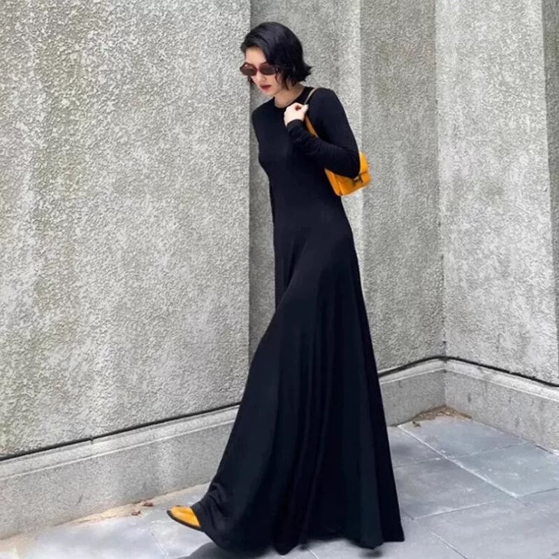 Modal Dress with Long Sleeves, Pockets, a Small High Collar, Elegant, Ankle-Length, Simple, Fashionable, Versatile, and with a High-End Feel