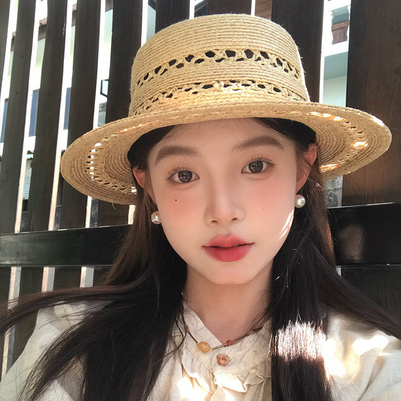 高品质~拉菲镂空平顶帽子女新款夏季礼帽|undefined