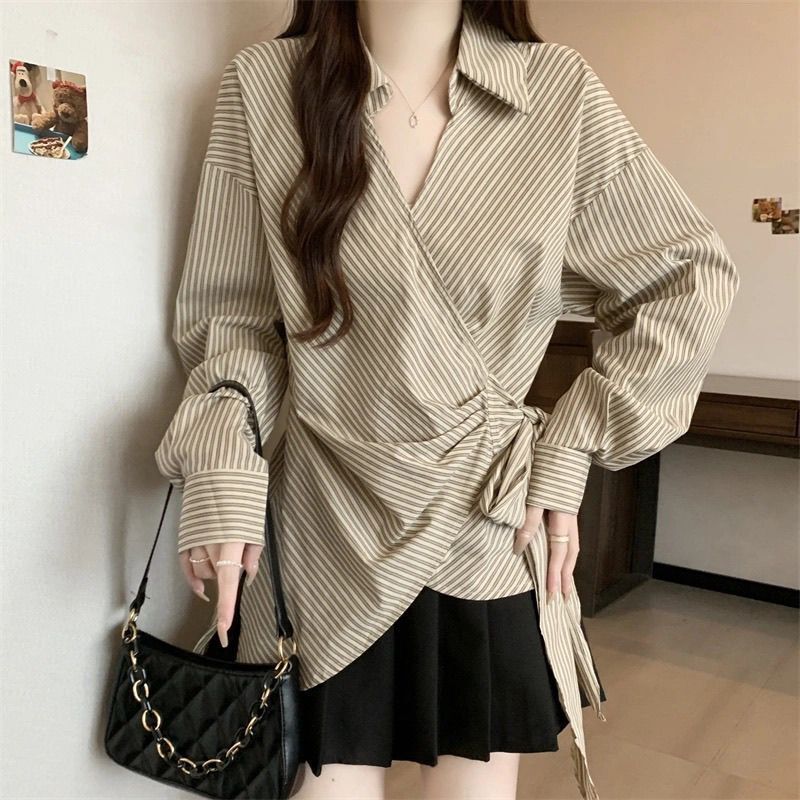Plus-Size Early Autumn New Hong Kong Style Tie-Neck Striped Collar Long-Sleeve Shirt for Women, Waist-Cinching Irregular Chic Top Plus-Size Early Autumn New Hong Kong Style Tie-Neck Striped Collar Long-Sleeve Shirt for Women, Waist-Cinching Irregular Chic Top