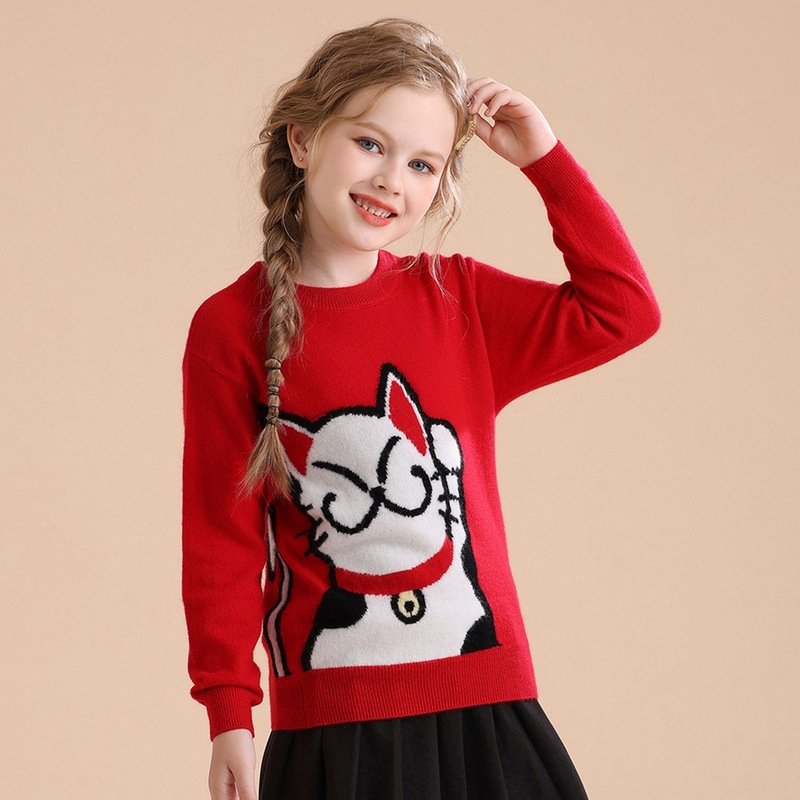 New children's cashmere sweater, autumn and winter, round neck, cartoon lucky cat, boys' and girls' cashmere base layer sweater for medium and large children.