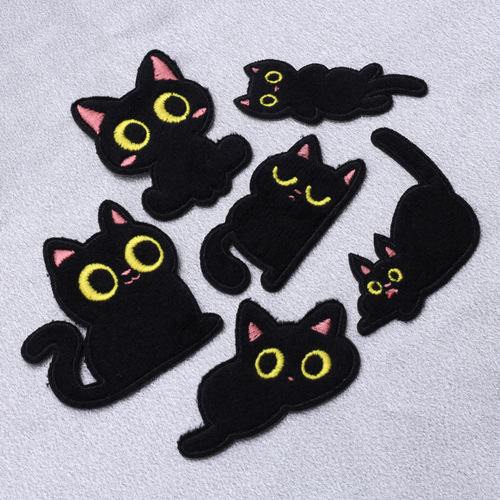 Self-adhesive small black cat plush fabric patch, no sew, no iron, clothing cartoon patch, phone case bag packaging decoration embroidery patch