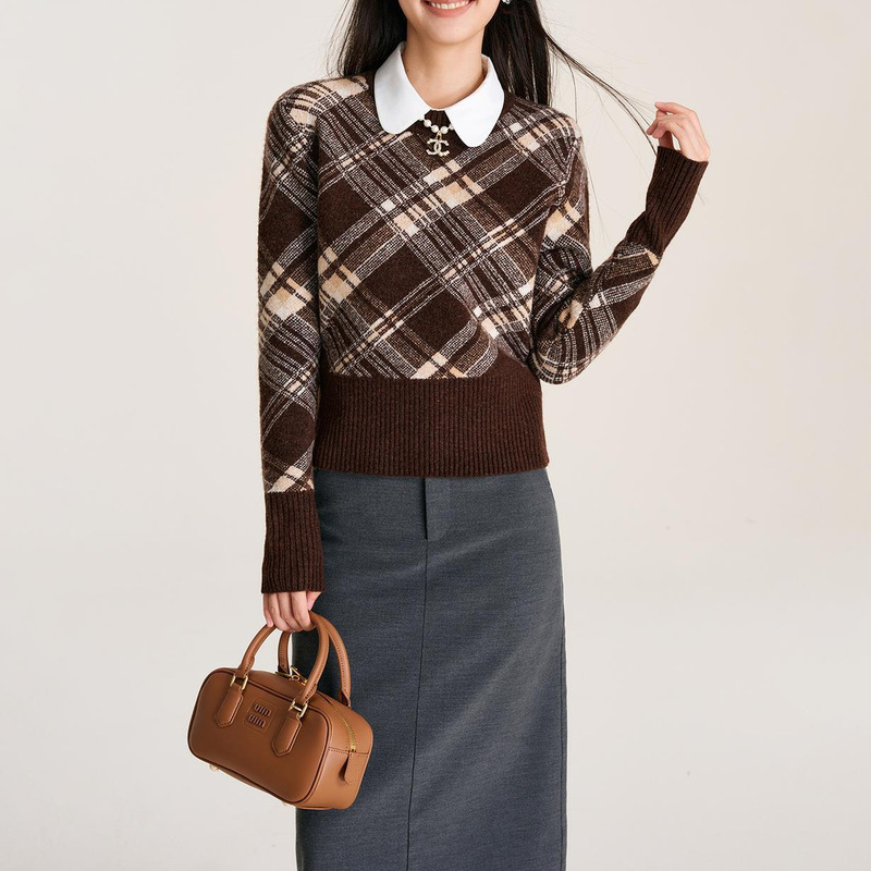 Scottish Plaid Sweater Short Pastoral Crewneck Pullover Knitted Wool