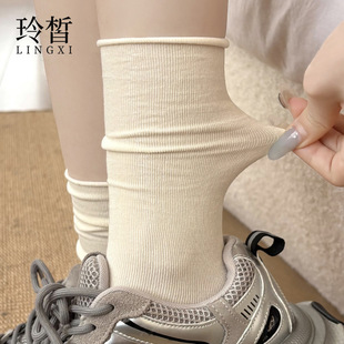 Rolled Edge Pile Socks Women's Thin Summer Socks Deodorant Sweat-Absorbent Cotton Socks Versatile Solid Color Mid-Calf Socks Wholesale