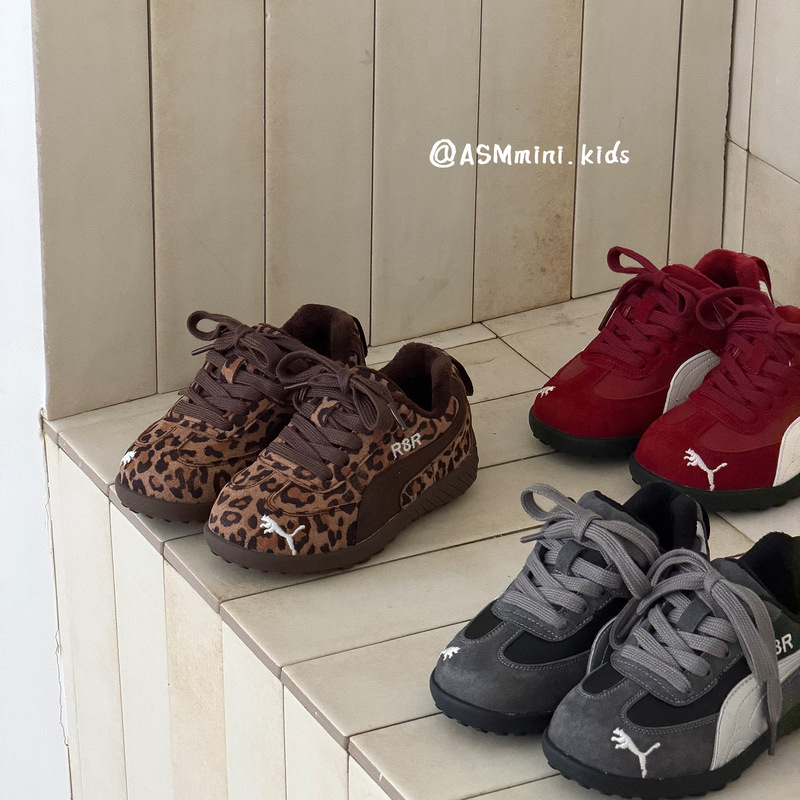 Korean Style Leopard Print Kidsren's Velvet Moral Training Shoes 2025 Winter New Style Non-Slip Forrest Gump Shoes for Boys and Girls Warm Sports Shoes