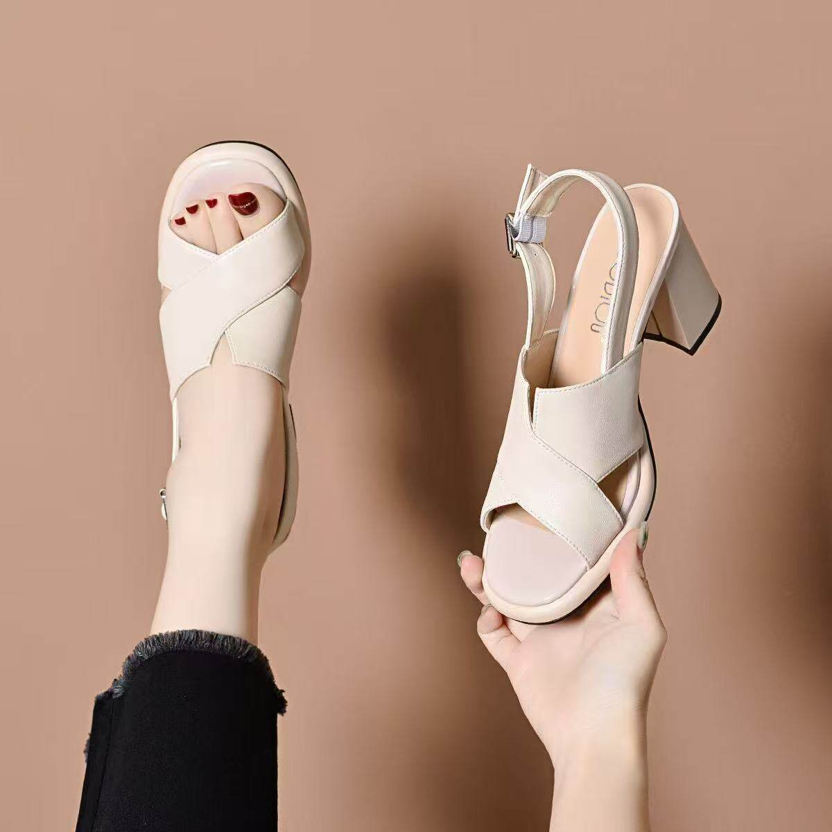 Sandal cao gót nữ mũi hở quai ngang đế platform da PU gót 5 cm — Màu trắng gạo - 5cm