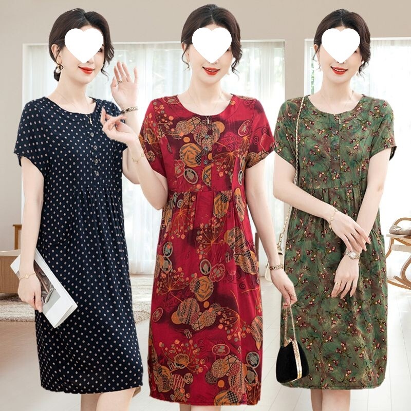Summer Cotton Silk New Style Over-The-Knee Dress for Middle-Aged and Elderly Women, Mid-Length, Plus Size, Loose Short-Sleeve Dress for 50-60 Year Old Moms Summer Cotton Silk New Style Over-The-Knee Dress for Middle-Aged and Elderly Women, Mid-Length, Plus Size, Loose Short-Sleeve Dress for 50-60 Year Old Moms