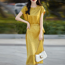 24年夏季新款复古醋酸缎面连衣裙女短袖气质波点印花腰带宽松长裙